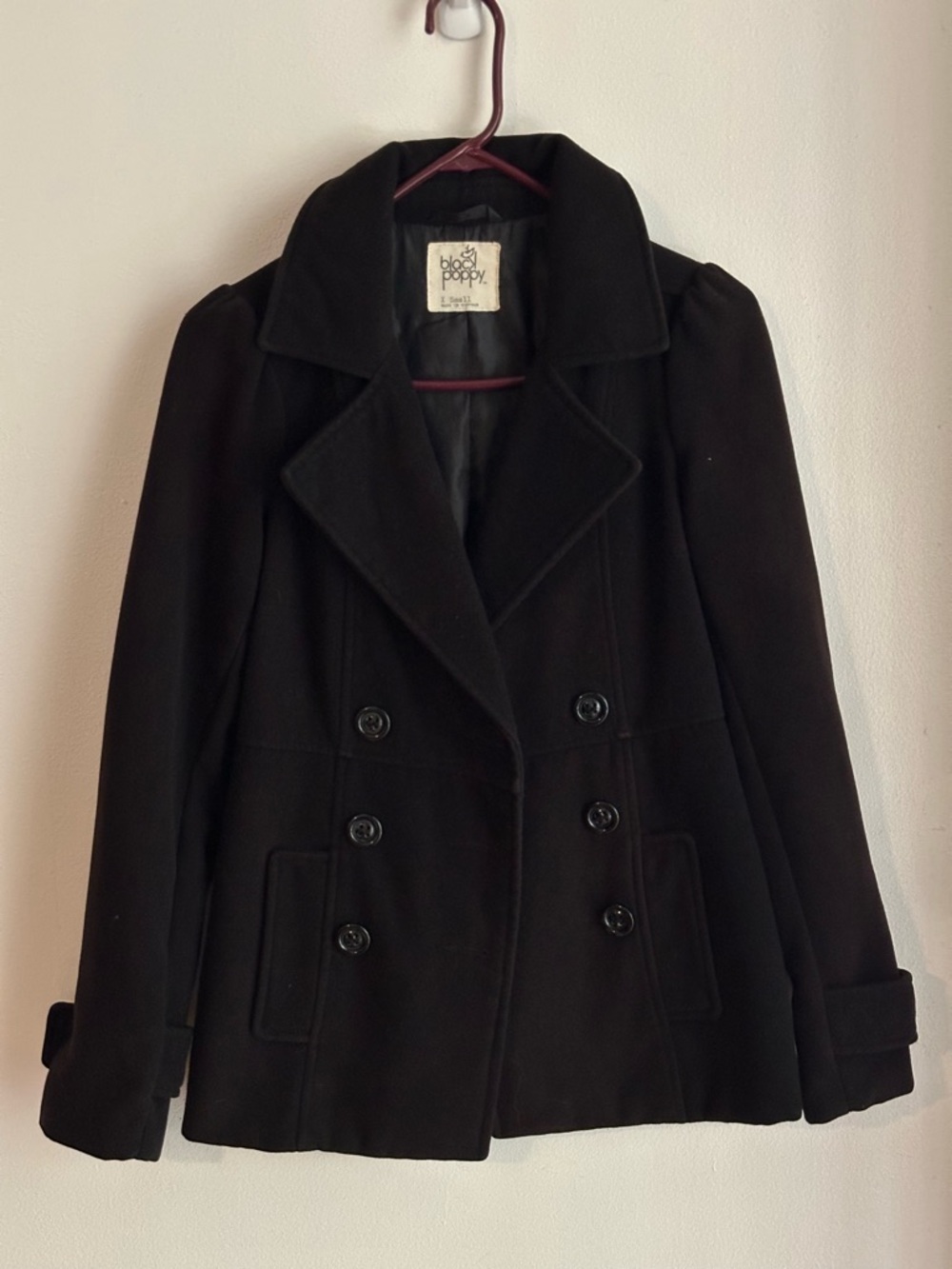 Black Poppy Womens XS Black Double-Breasted Peacoat